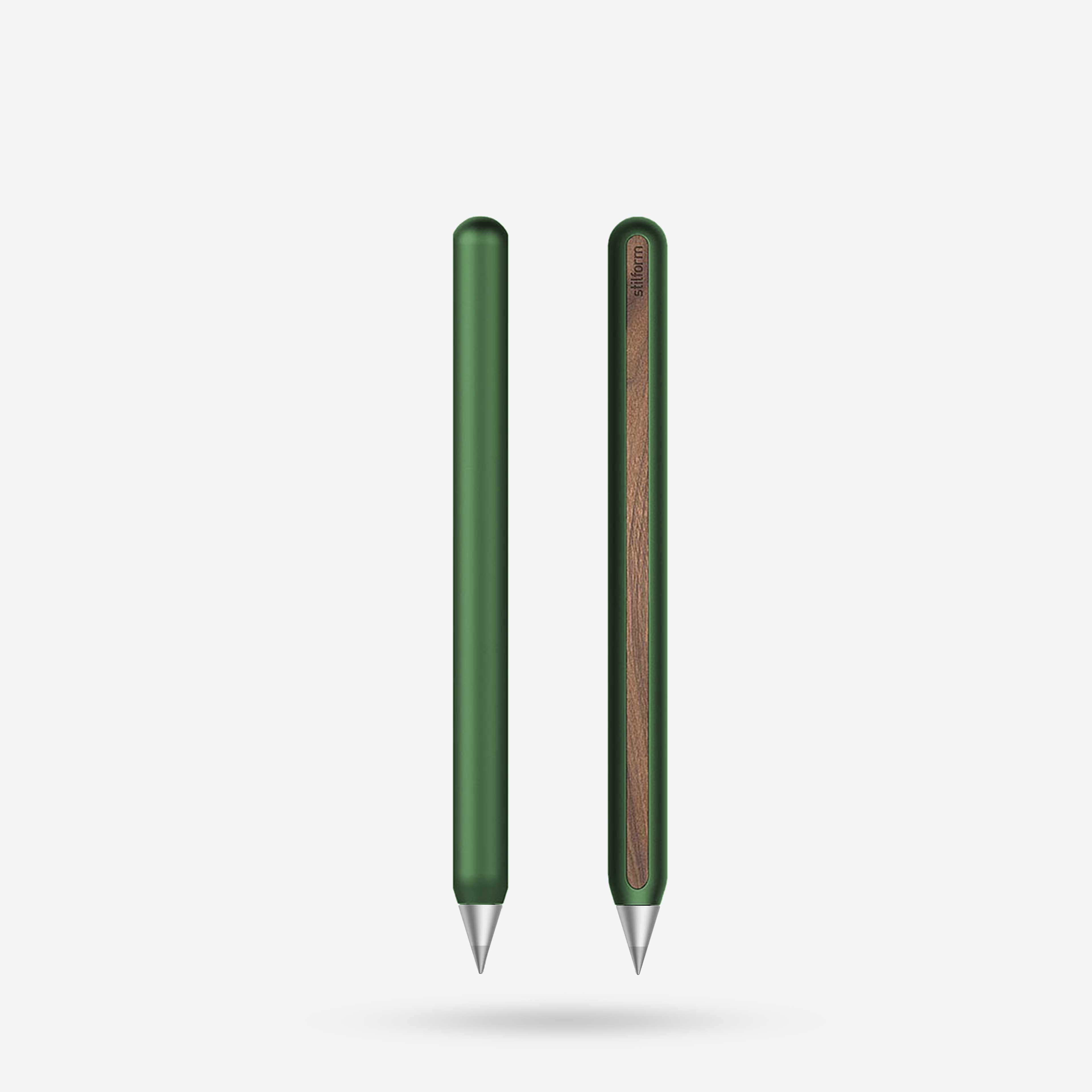 AEON Aluminium-Bleistift in Aurora Green mit Eternal-Spitze, Vorder- und Rückansicht mit Holzintarsie