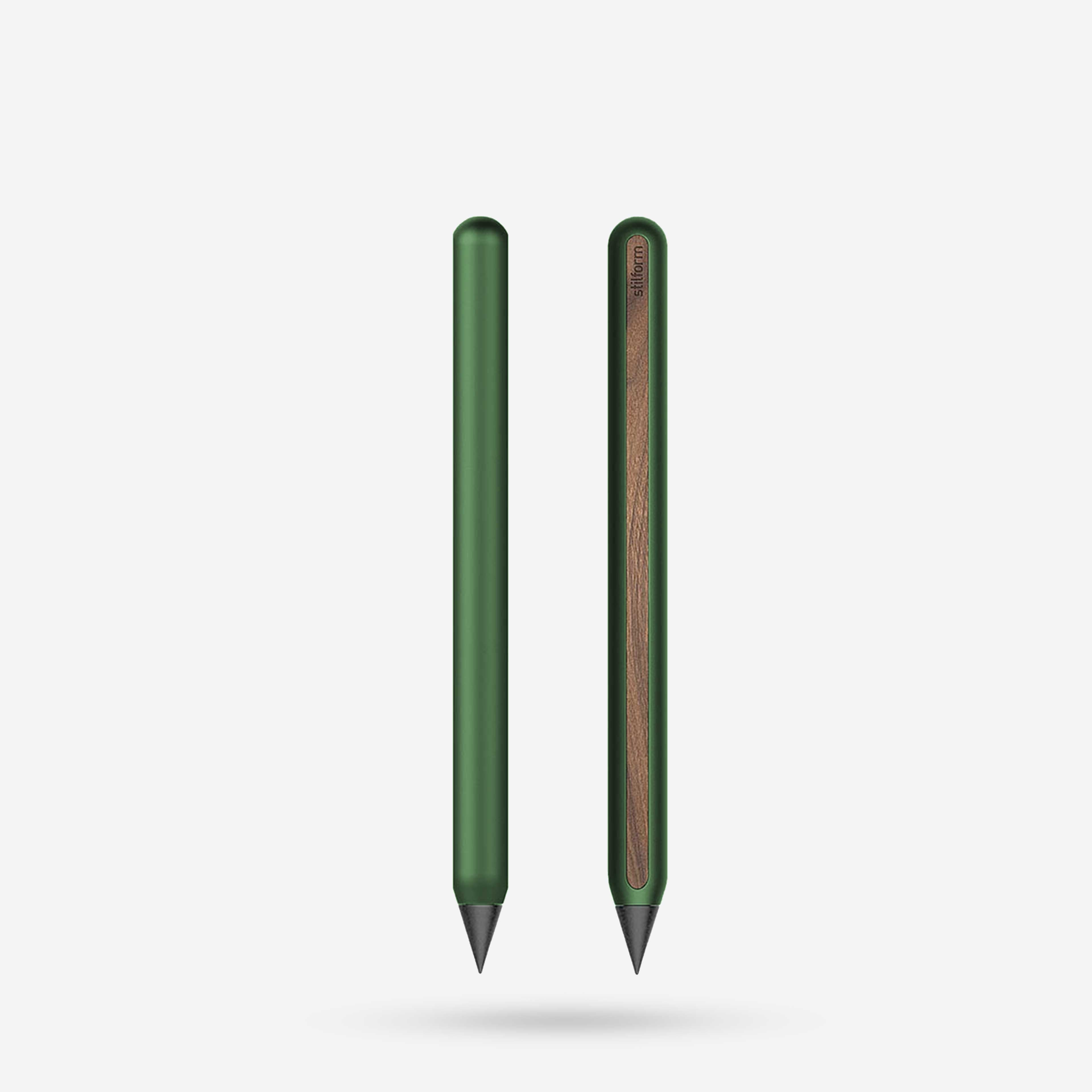 AEON Aluminium-Bleistift in Aurora Green mit Graphit-Spitze, Vorder- und Rückansicht mit Holzintarsie
