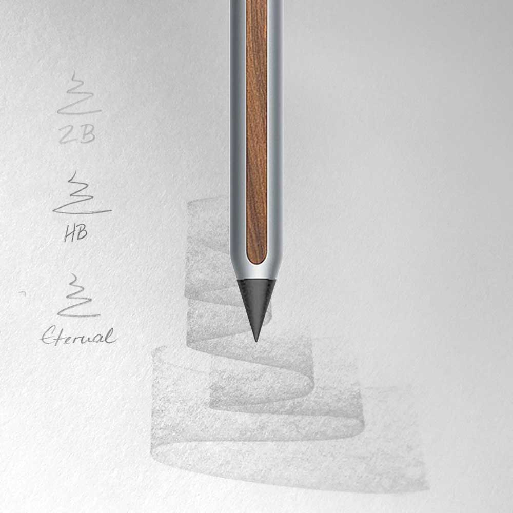 Graphit-Spitze des Aluminium-Bleistifts AEON in Comet Grey beim Zeichnen auf Papier, Vergleich von 2B, HB und Eternal Schriftbild