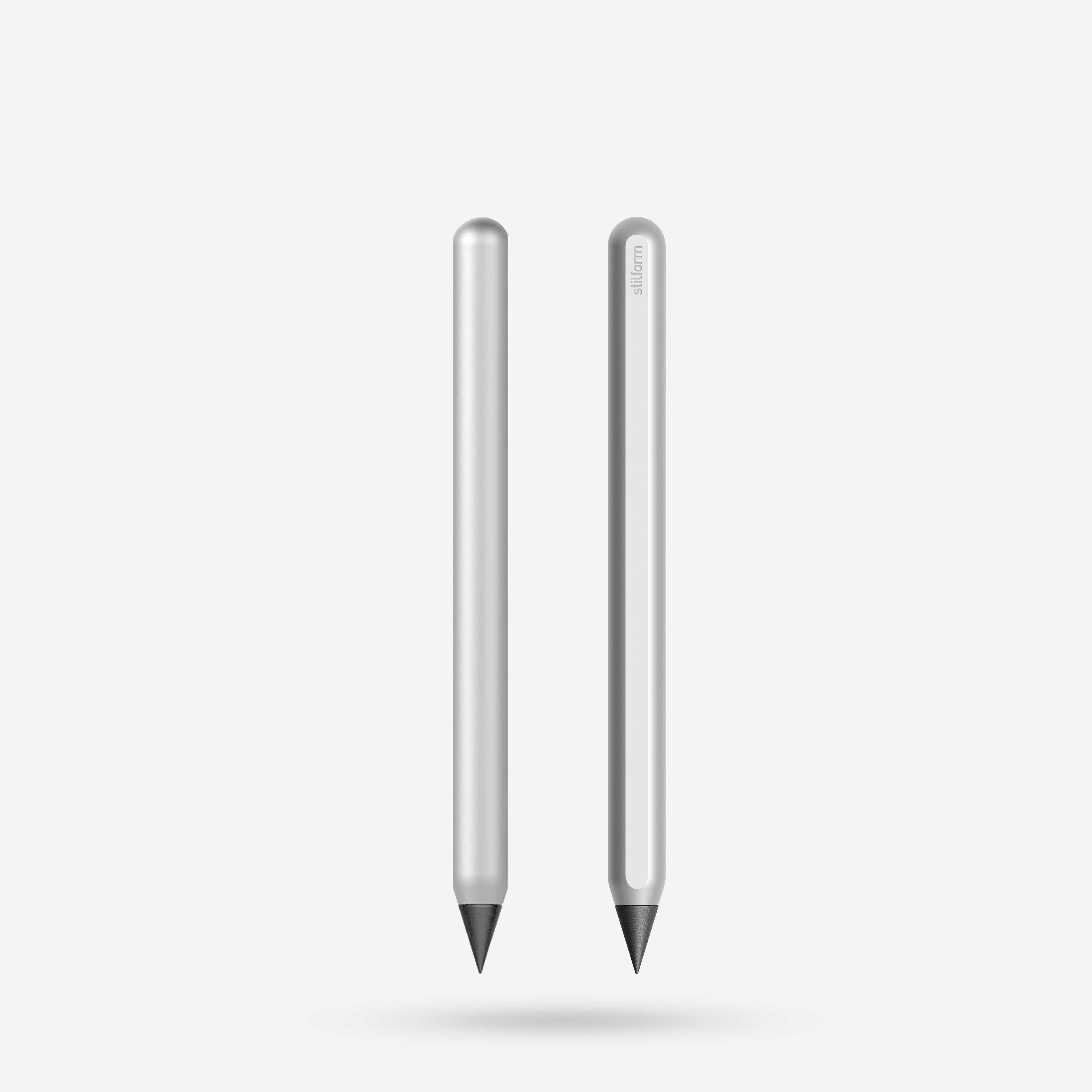 AEON Pure Aluminium-Bleistift in Star Silver mit Graphit-Spitze, Vorder- und Rückansicht freigestellt