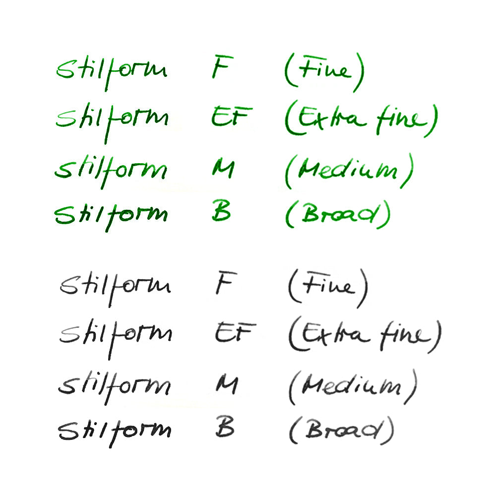 Schriftbild Vergleich der Federstärken F, EF, M und B in grüner und schwarzer Tinte