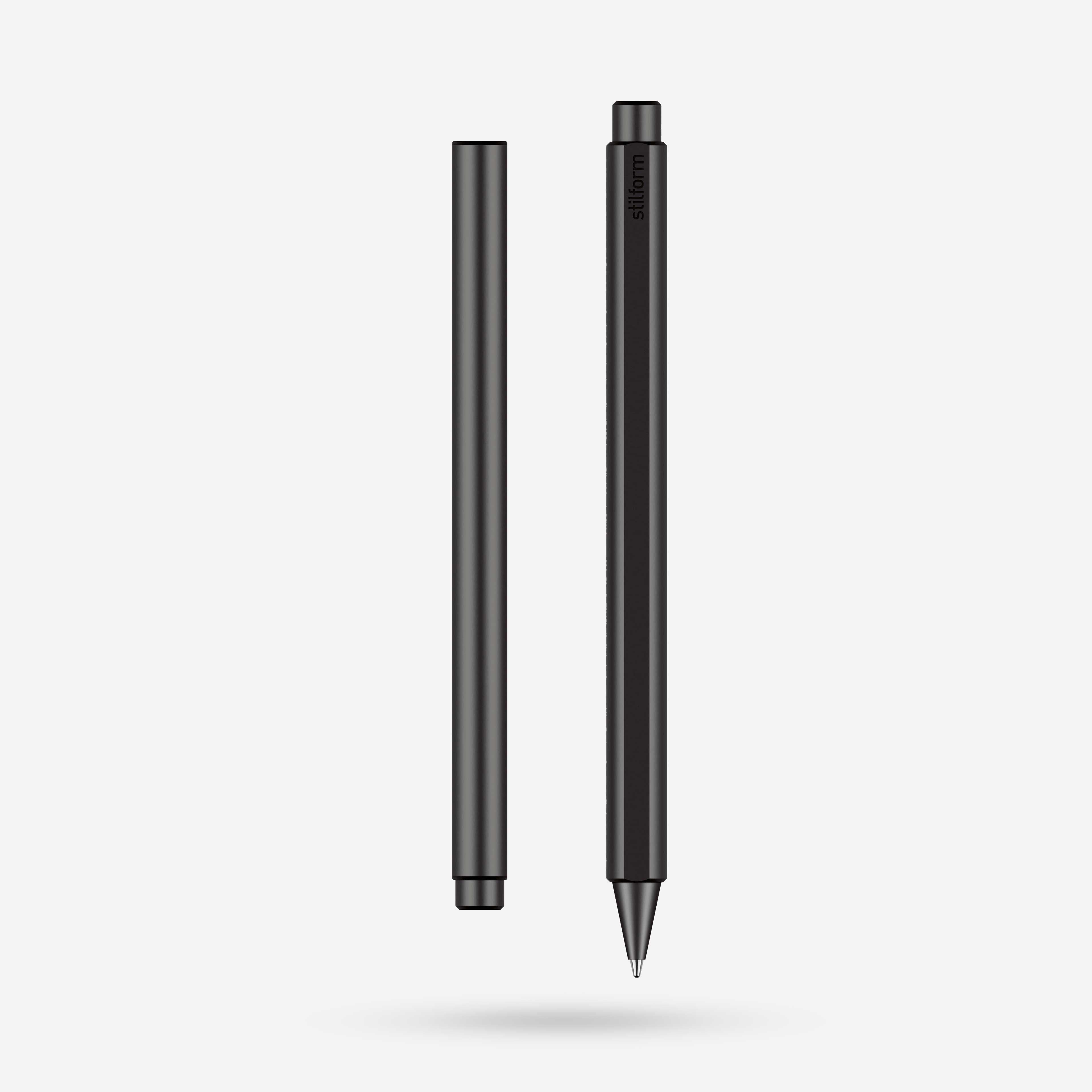 Tintenroller Aluminium Flow in Warp Black, Vorder- und Rückansicht freigestellt