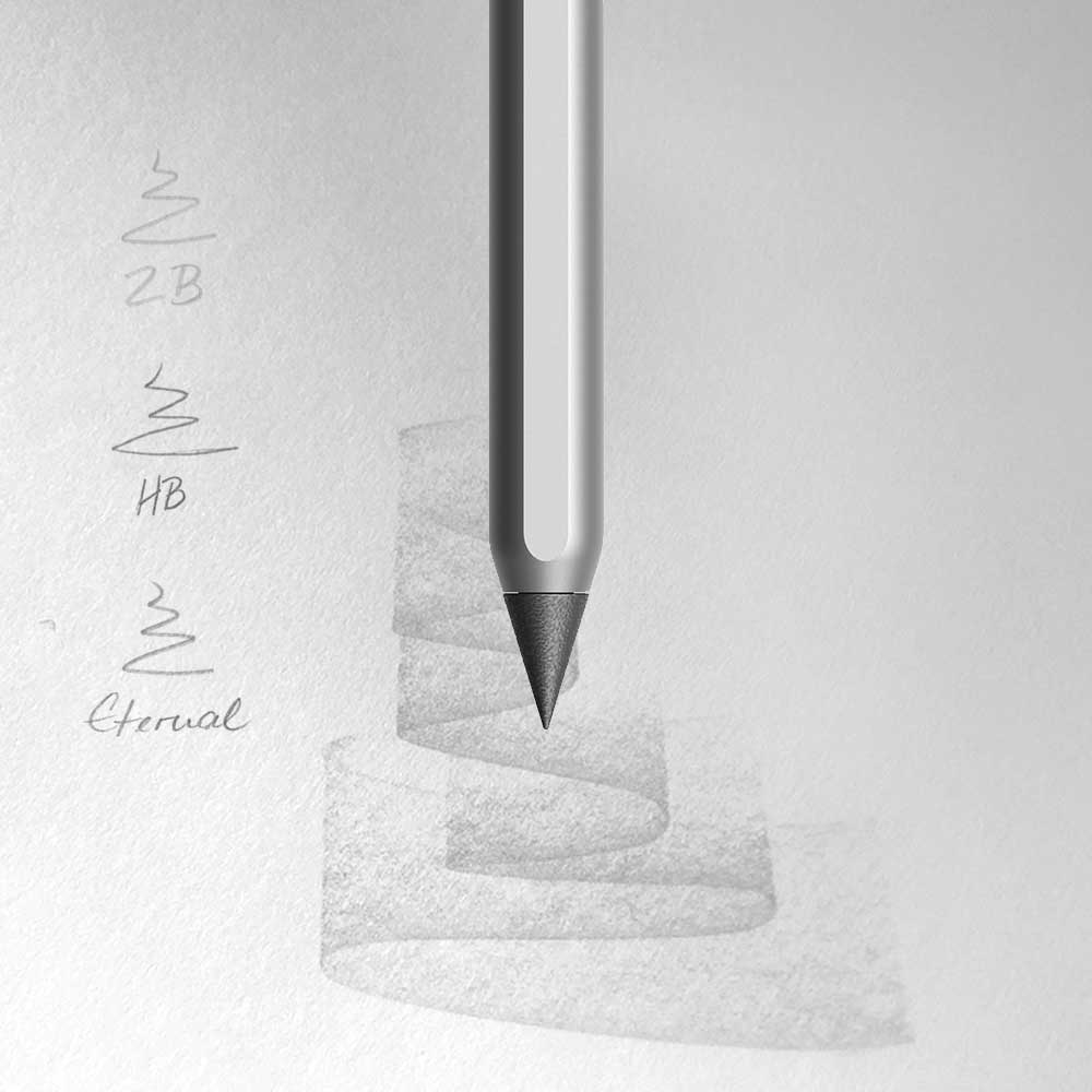 Eternal-Spitze des AEON Pure Aluminium-Bleistifts in Comet Grey beim Zeichnen auf Papier, Vergleich zu 2B und HB