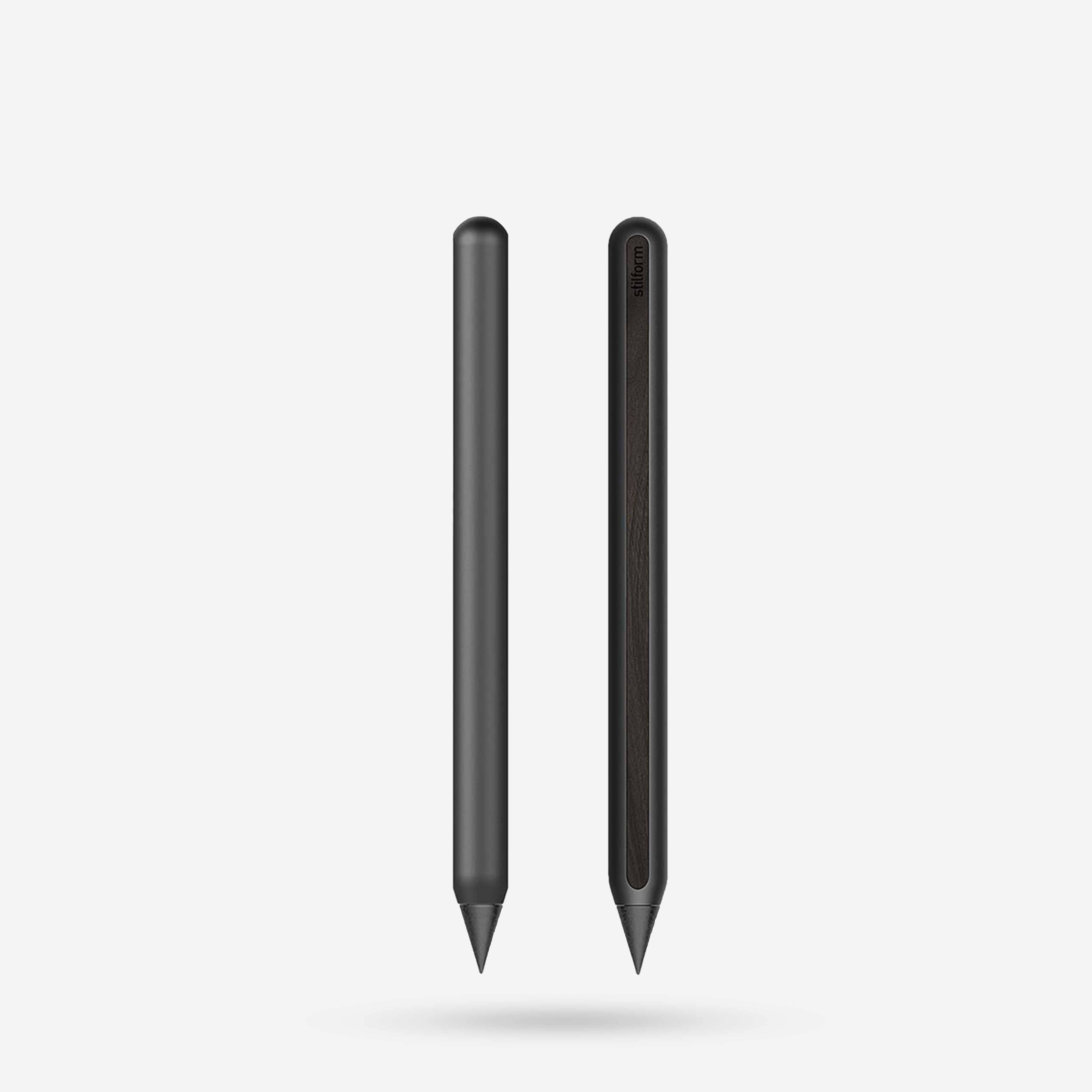 AEON Aluminium-Bleistift in Warp Black mit Graphit-Spitze, Vorder- und Rückansicht mit Holzintarsie