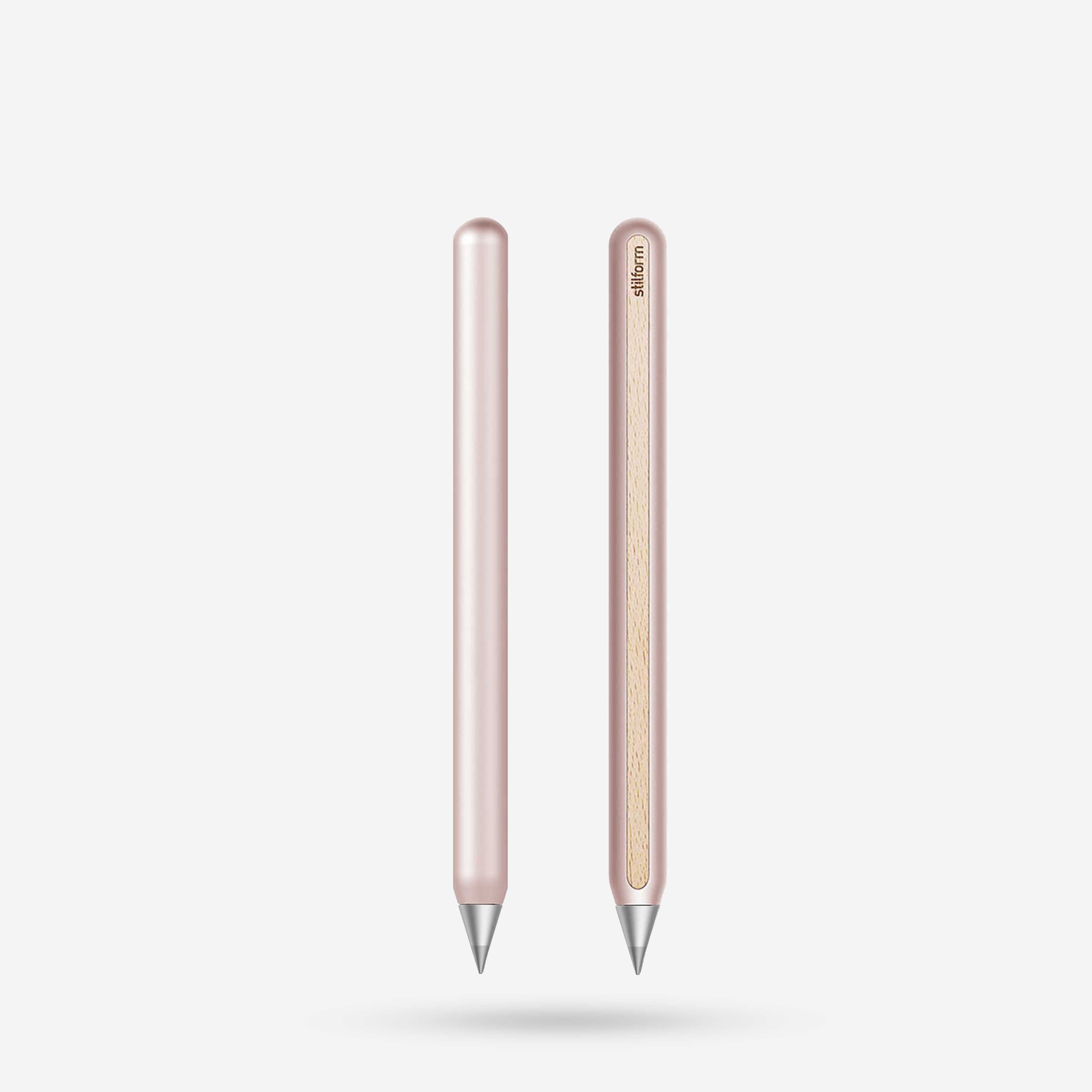 AEON Aluminium-Bleistift in Rose Moon mit Eternal-Spitze, Vorder- und Rückansicht mit Holzintarsie