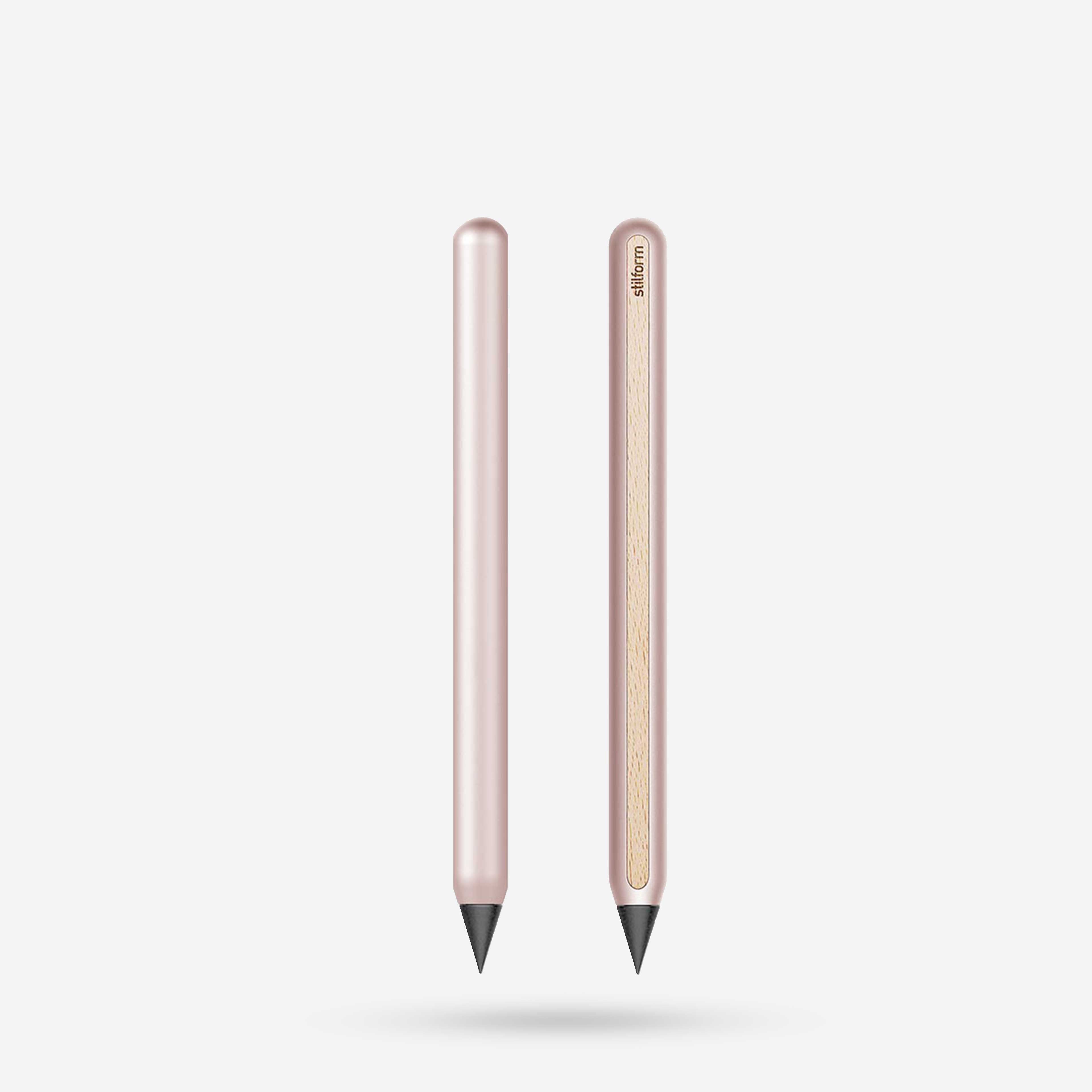 AEON Aluminium-Bleistift in Rose Moon mit Graphit-Spitze, Vorder- und Rückansicht mit Holzintarsie
