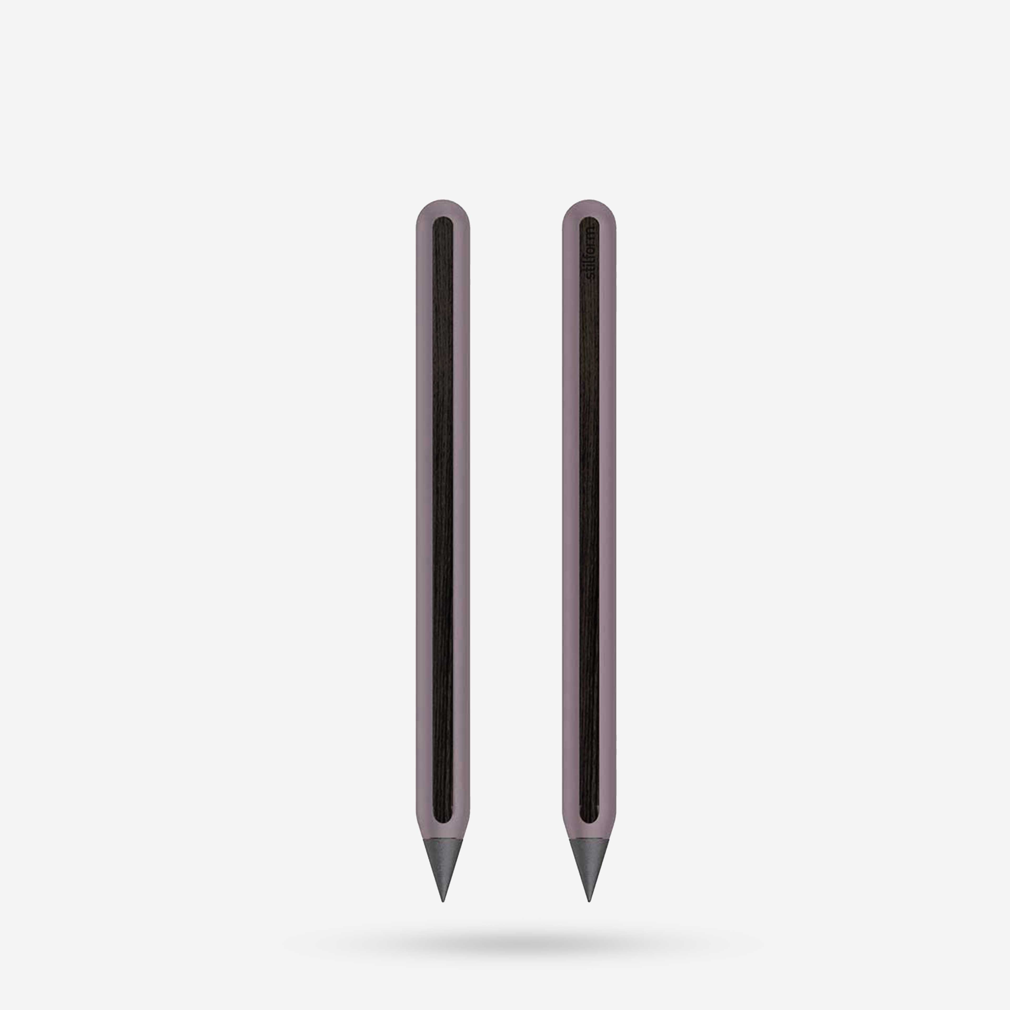 AEON Aluminium-Bleistift in Velvet Berry mit Graphit-Spitze, Vorder- und Rückansicht mit dunkler Holzintarsie