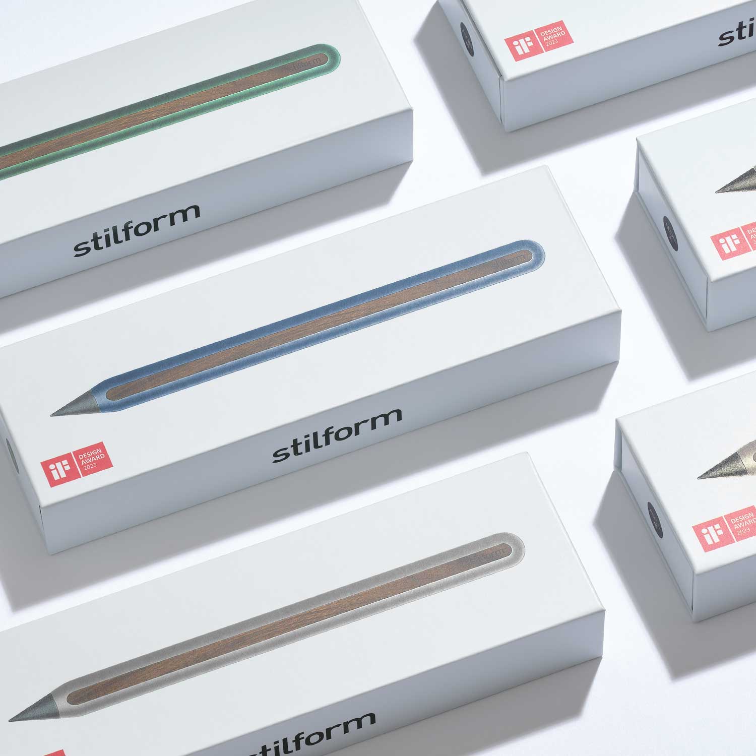 Verpackungen des Aluminium Füllfederhalters mit stilform-Logo und farbiger Produktabbildung auf weißer Schachtel