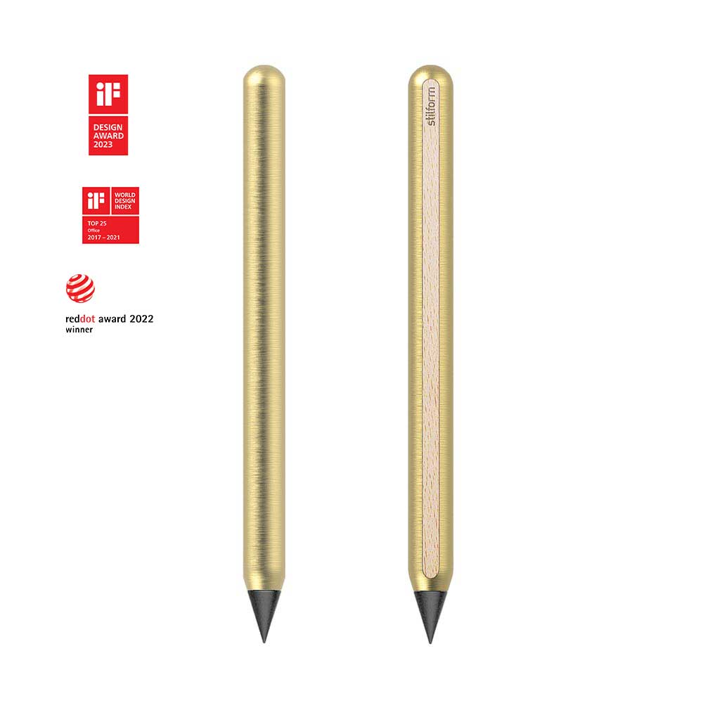 AEON Messing-Bleistift mit Graphit-Spitze, Vorder- und Rückansicht, daneben Design-Auszeichnungen