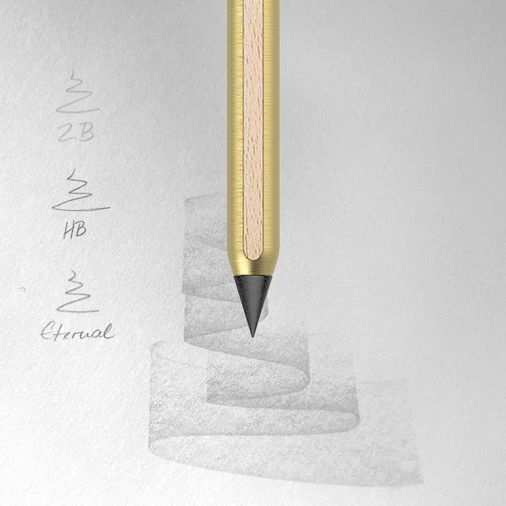 Graphit-Spitze des AEON Messing Bleistifts beim Zeichnen auf Papier, Vergleich zu Eternal, 2B und HB