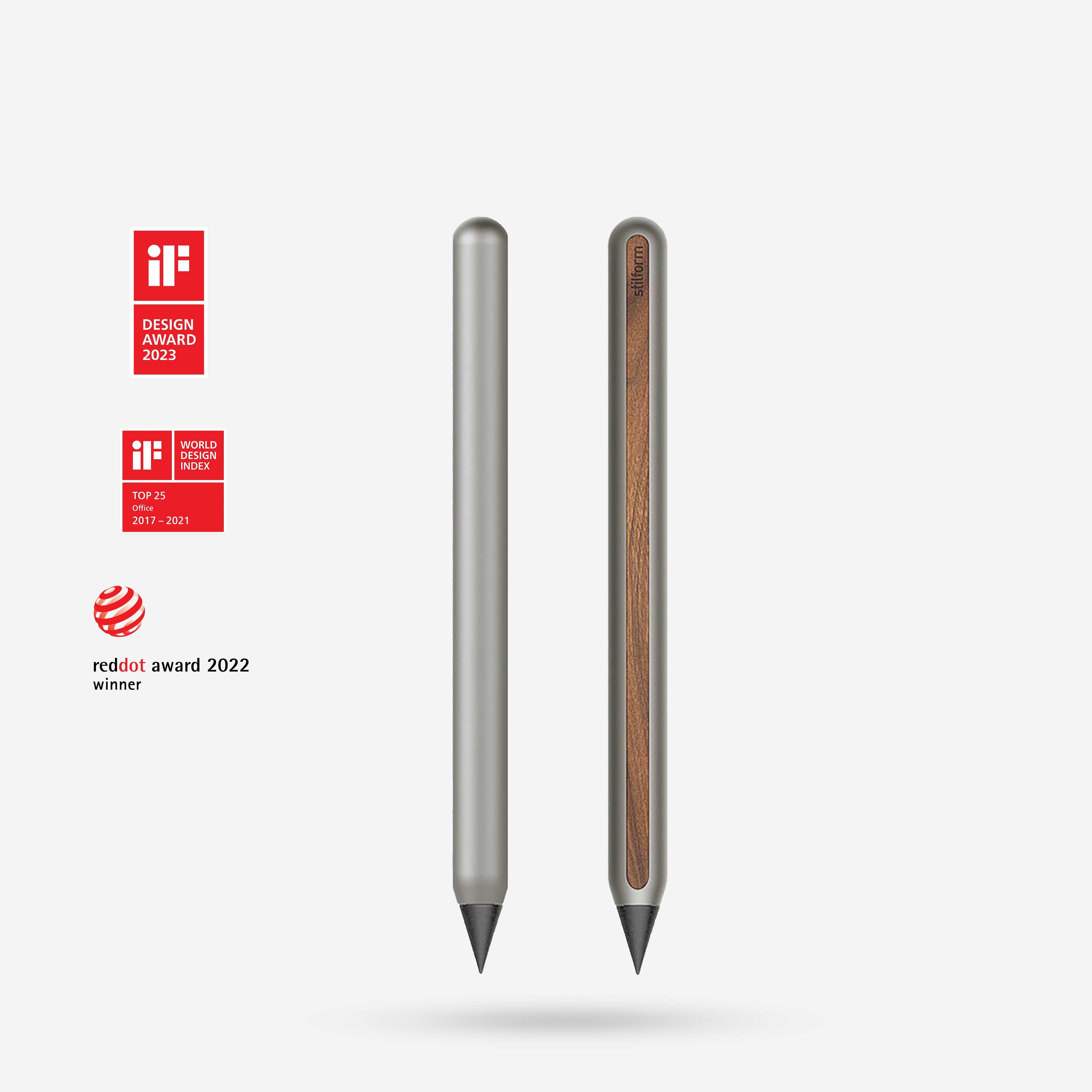 AEON Titan-Bleistift in matt mit Graphit-Spitze, Vorder- und Rückansicht, daneben Design-Auszeichnungen