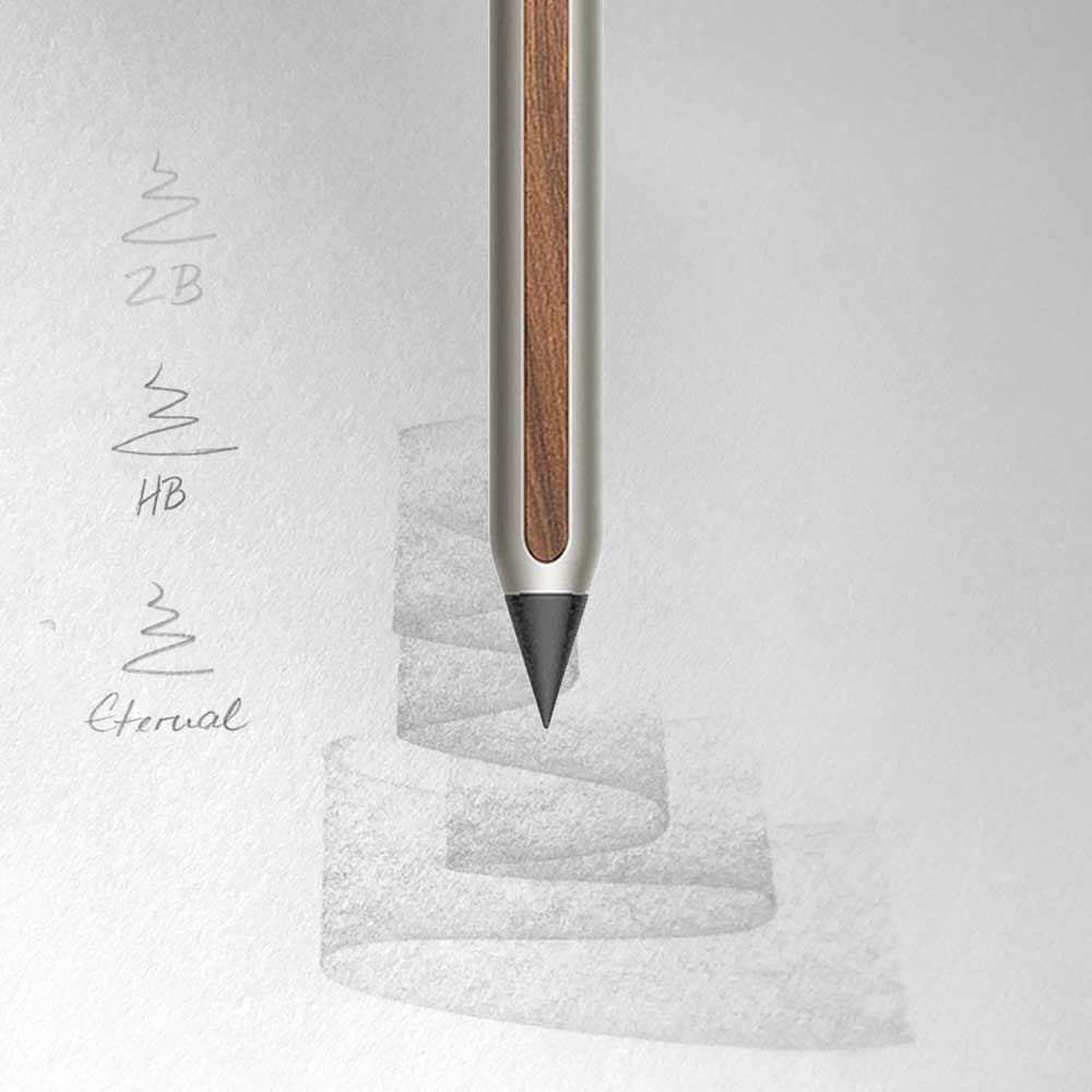 Graphit-Spitze des AEON Titan-Bleistifts in  matt beim Zeichnen auf Papier, Vergleich zu Eternal, 2B und HB
