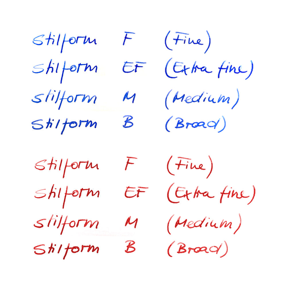 Schriftbild Vergleich der Federstärken F, EF, M und B in blauer und roter Tinte