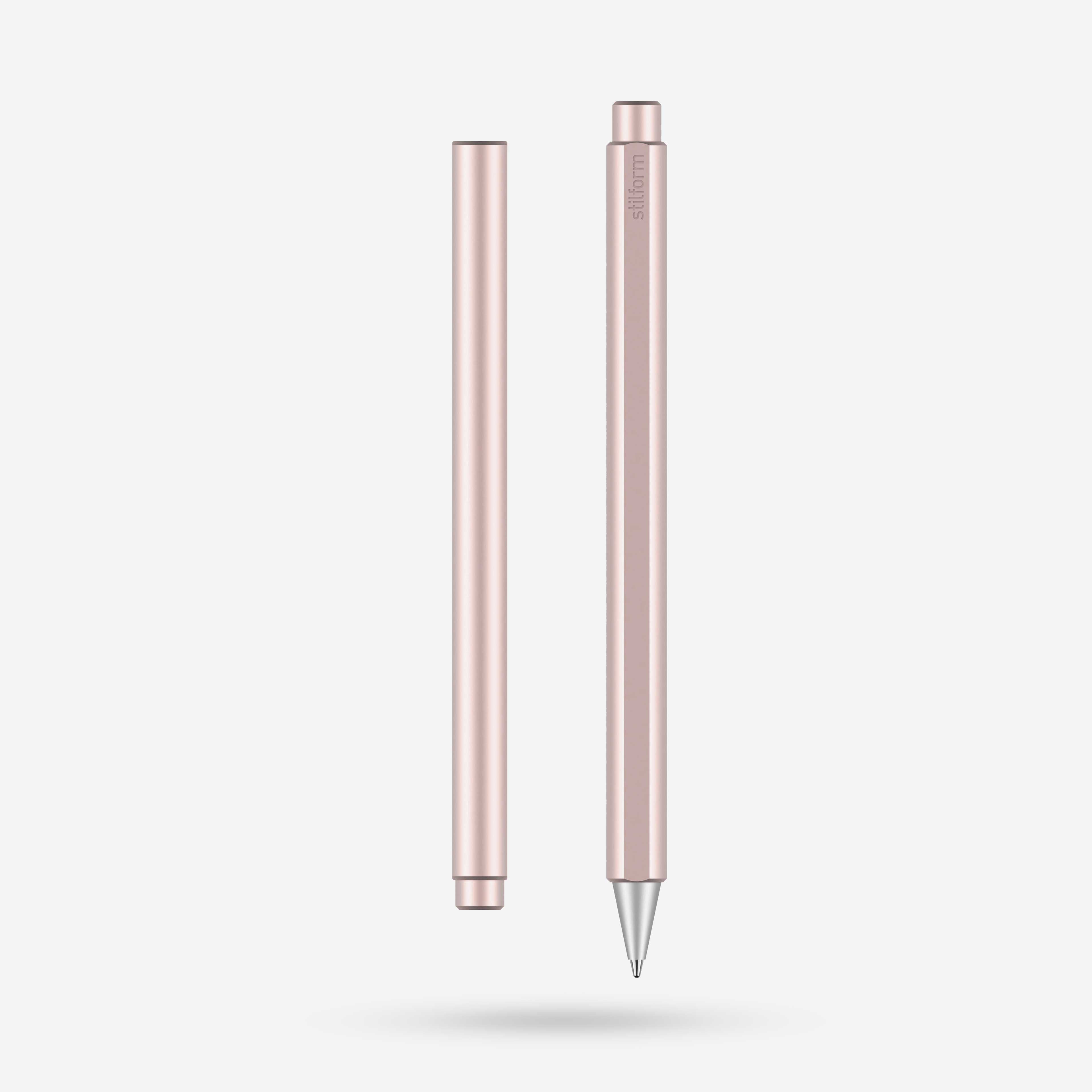 Tintenroller Aluminium Flow in Rose Moon, Vorder- und Rückansicht freigestellt